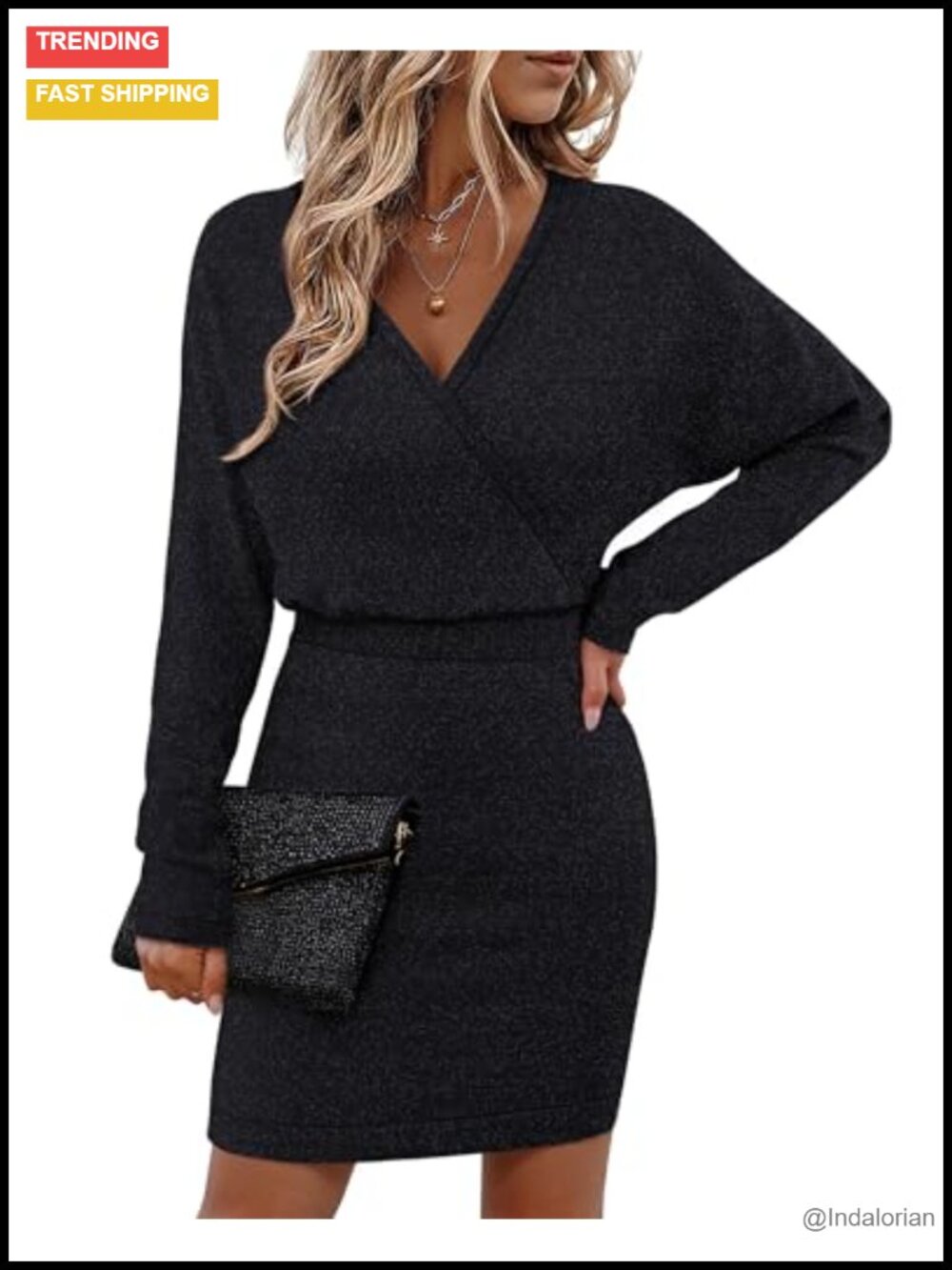 V Neck Batwing Sleeve Sparkly Bodycon Midi Sweater Dress